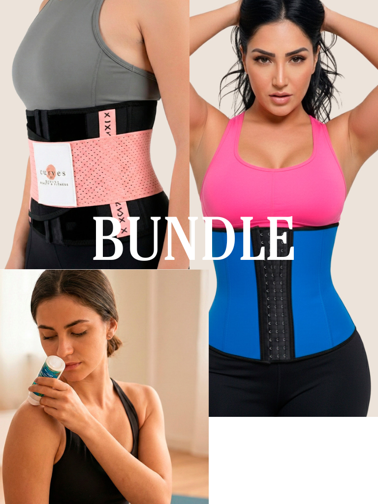 Bundle Sport Latex Waist Trainer (Blue) with Fitness Workout Waist Belt and CBD Muscle Recovery Roll-On